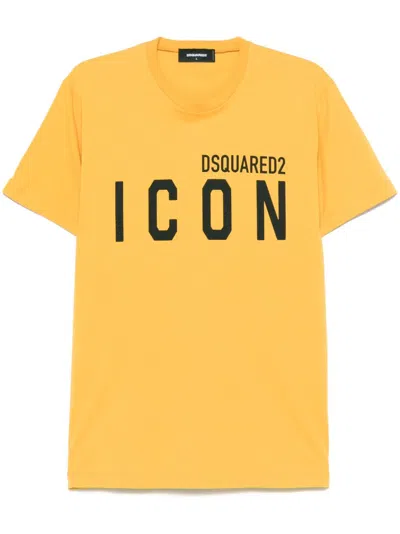 Dsquared2 Yellow Crewneck T-shirt With Maxi Logo Print On The Front