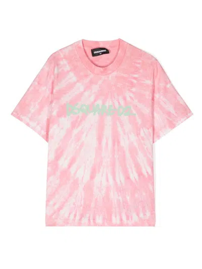 Dsquared2 Kids' Logo-print Tie-dye Cotton T-shirt In Pink