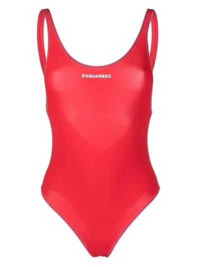Dsquared2 Logo Print Onepiece Swimsuit In Red