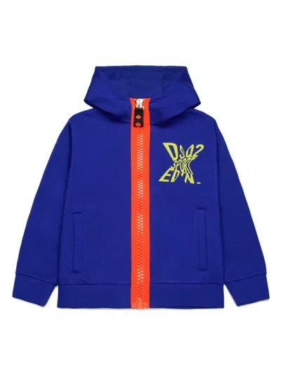 Dsquared2 Kids' Logo-print Zip-up Cotton Hoodie In Blue