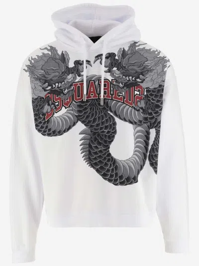 Dsquared2 Brushed Cotton Hoodie With Dragons Priint In White