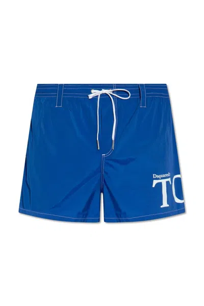 Dsquared2 Logo Printed Drawstring Swim Shorts In Blue