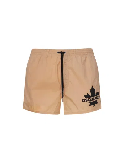 Dsquared2 Logo Printed Drawstring Swimming Shorts In Beige