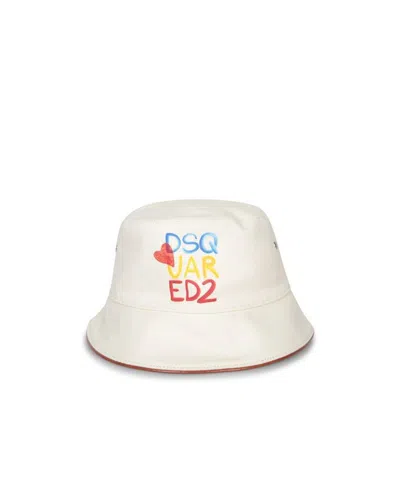 Dsquared2 Logo Printed Eyelet Detail Bucket Hat In White