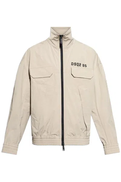 Dsquared2 Logo-printed Zipped Bomber Jacket  In Beige
