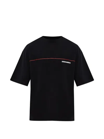 Dsquared2 Men Black Crew Neck T-shirt With Raised Collar And Logo On The Front In Cotton Man
