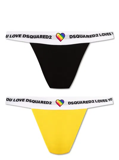 Dsquared2 Logo-waistband Thong (pack Of Two) In Black