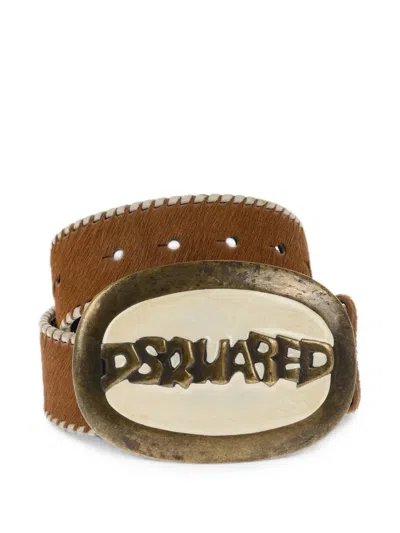 Dsquared2 Logo-buckle Whipstitch-trim Belt In Brown