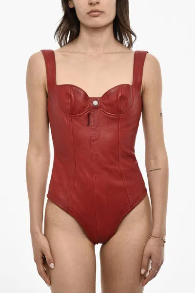 Dsquared2 Logo-button Leather Bodysuit In Red