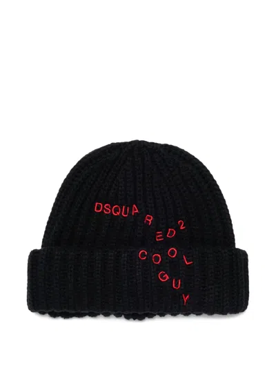 Dsquared2 Kids' 로고 자수 니트 모자 In Black
