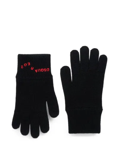 Dsquared2 Kids' 로고 자수 골지 커프 장갑 In Black