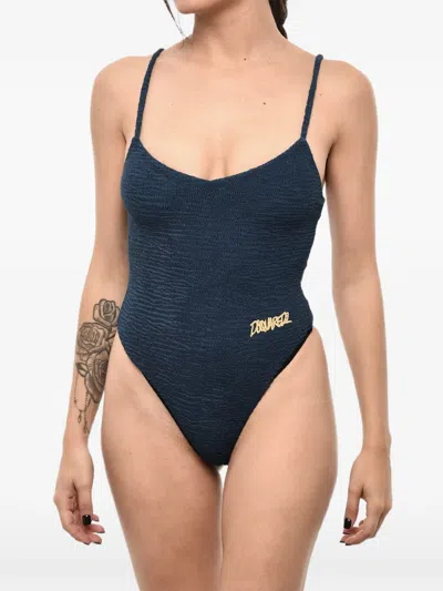Dsquared2 로고 자수 웨이브 패턴 원피스 수영복 In Blue