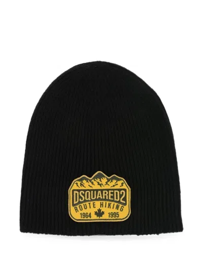 Dsquared2 Logo-patch Ribbed-knit Beanie Hat In Black