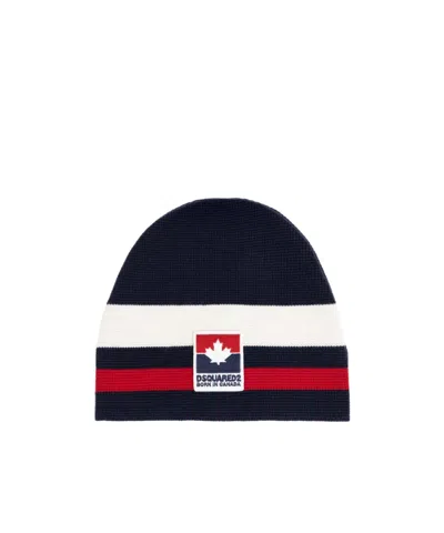 Dsquared2 Logo-patch Striped Beanie Hat In Blue