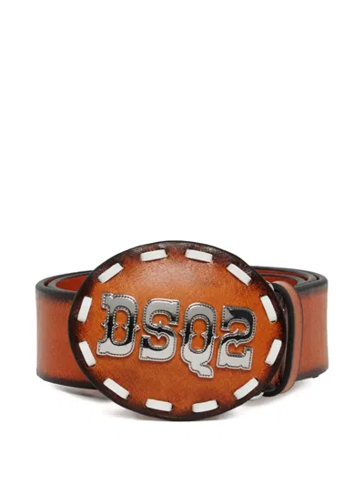 Dsquared2 Kids' Logo-plaque Whipstitch-trim Belt In Brown
