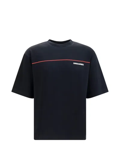 Dsquared2 Men Black Crew Neck T-shirt With Raised Collar And Logo On The Front In Cotton Man