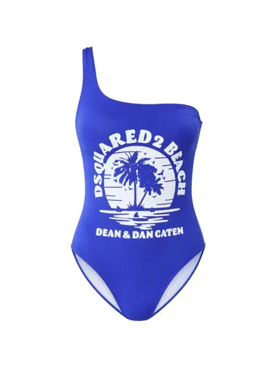 Dsquared2 Logo-print One-shoulder Swimsuit In Blue