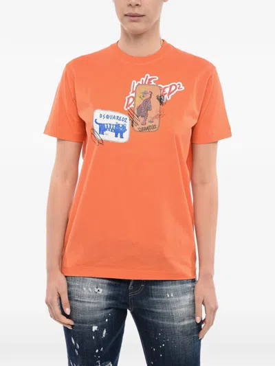 Dsquared2 Logo-print Patch-detail T-shirt In Orange