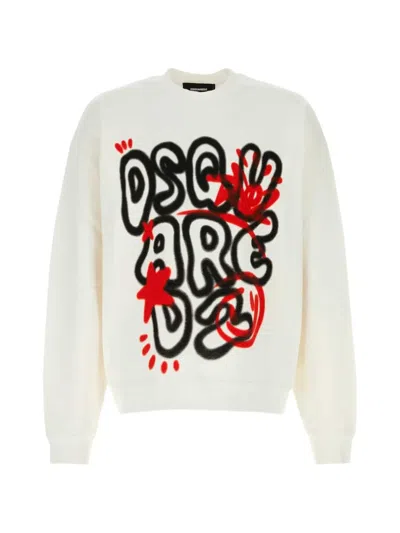 Dsquared2 Cotton Sweatshirt Graphic Print Ribbed Cuffs Hem In White