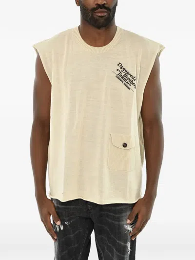 Dsquared2 Beige Logo Sleeveless Vest In White