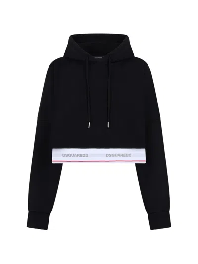 Dsquared2 Logo-tape Elastic Onion Cropped Hoodie In Black