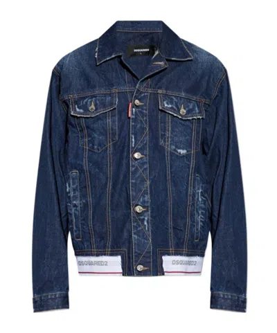 Dsquared2 Distressed Logo-trim Denim Jacket In Blue