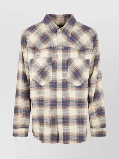 Dsquared2 Long Sleeve Plaid Shirt With Frayed Hem In Multi