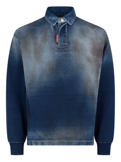 Dsquared2 Indigo Denim Effect Knit Long Sleeves Polo In Blue