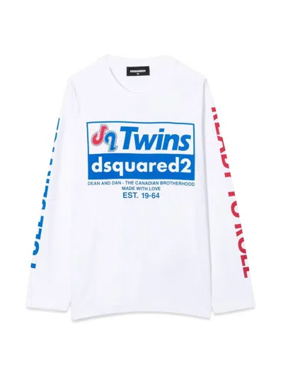 Dsquared2 Kids' Long Sleeve T-shirt Front Print And Logo Sleeves In White