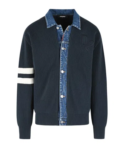 Dsquared2 Cotton Blend Sweater Ribbed Texture Contrast Collar In Black