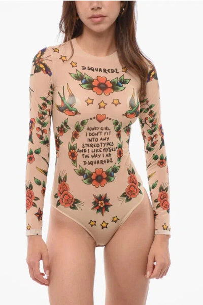 Dsquared2 Long-sleeved Mesh Bodysuit With Tattoo Motif In Multi