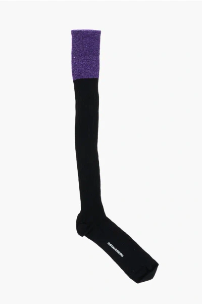Dsquared2 Long Two-tone Socks With Lurex Details In Black