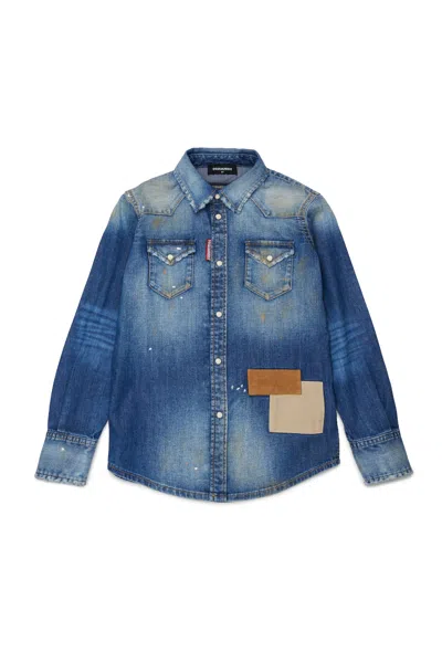 Dsquared2 Long-sleeve Denim Shirt With Logo In Blue