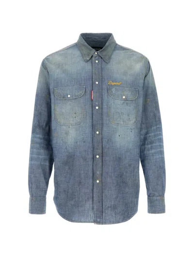Dsquared2 Denim Shirt Long Sleeves Chest Pockets Distressed In Blue