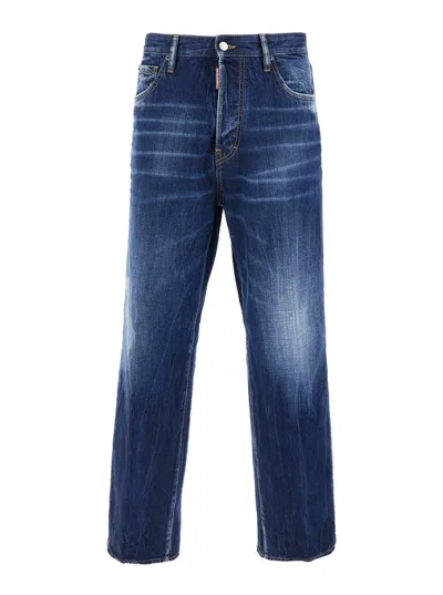 DSQUARED2 BLUE FIVE-POCKET JEANS WITH FADED EFFECT AND LOGO PATCH ON THE BACK IN DENIM MAN
