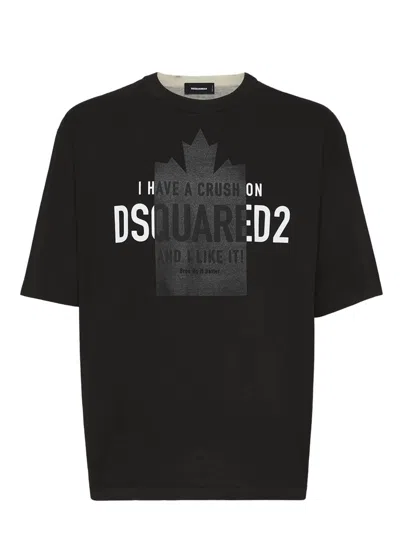 Dsquared2 Loose Fit Black T-shirt With Spray-dyed Finish And Bold Print