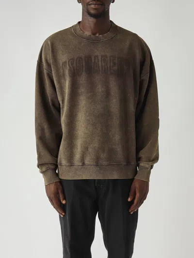 Dsquared2 Loose Fit Girocollo In Cotone Grafite Effetto Used Sweatshirt In Brown