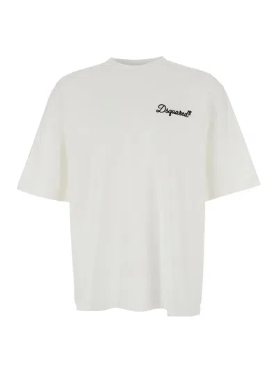 DSQUARED2 WHITE T-SHIRT WITH EMBROIDERED LOGO ON THE CHEST IN COTTON MAN