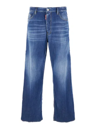 DSQUARED2 BLUE JEANS WITH DISTRESSED EFFECT AND EMBROIDERED LOGO ON THE BACK IN DENIM MAN