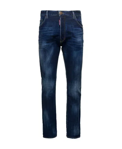 Dsquared2 Blue Straight Jeans With Logo Patch And Faded Effect In Stretch Cotton Denim Man