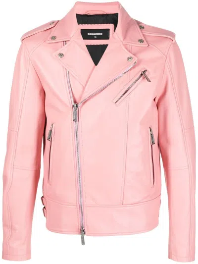 Dsquared2 Luxurious Leather Biker Jacket For Men In Lavender Pink