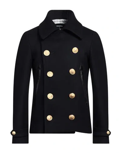 Dsquared2 Man Coat Midnight Blue Size 38 Virgin Wool, Polyamide, Elastane, Cow Leather