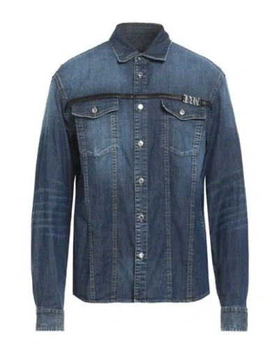 Dsquared2 Man Denim Shirt Blue Size 42 Cotton, Elastane, Ovine Leather