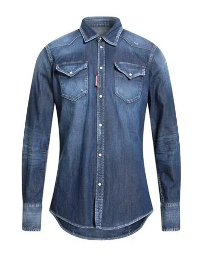 Dsquared2 Man Denim Shirt Blue Size 42 Cotton, Elastane