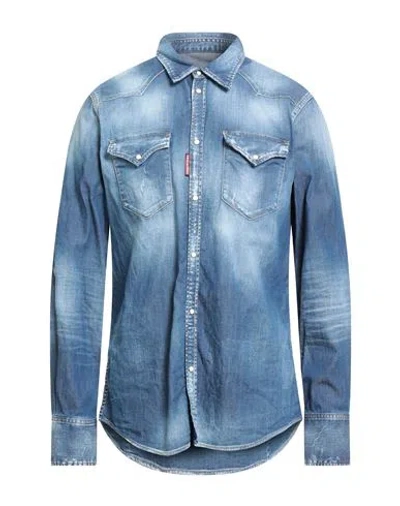 Dsquared2 Man Denim Shirt Blue Size 42 Cotton, Elastane