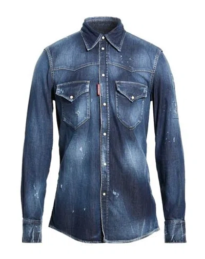 Dsquared2 Man Denim Shirt Blue Size 42 Cotton, Elastane