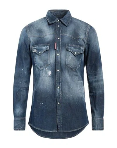 Dsquared2 Man Denim Shirt Blue Size 38 Cotton, Elastane