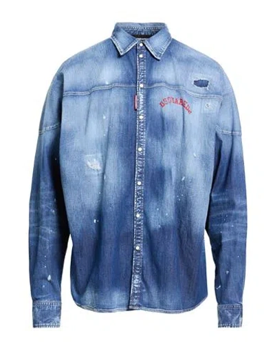 Dsquared2 Man Denim Shirt Blue Size 42 Cotton, Elastane