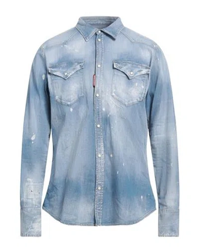 Dsquared2 Man Denim Shirt Blue Size 44 Cotton, Elastane