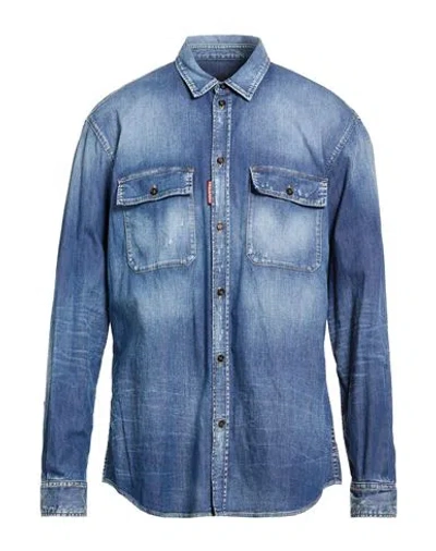 Dsquared2 Man Denim Shirt Blue Size 44 Cotton, Elastane